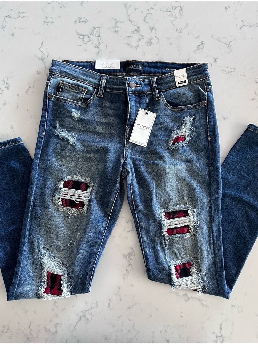Judy Blue Dark Blue Ripped Skinny Jeans with Red Plaid Patches